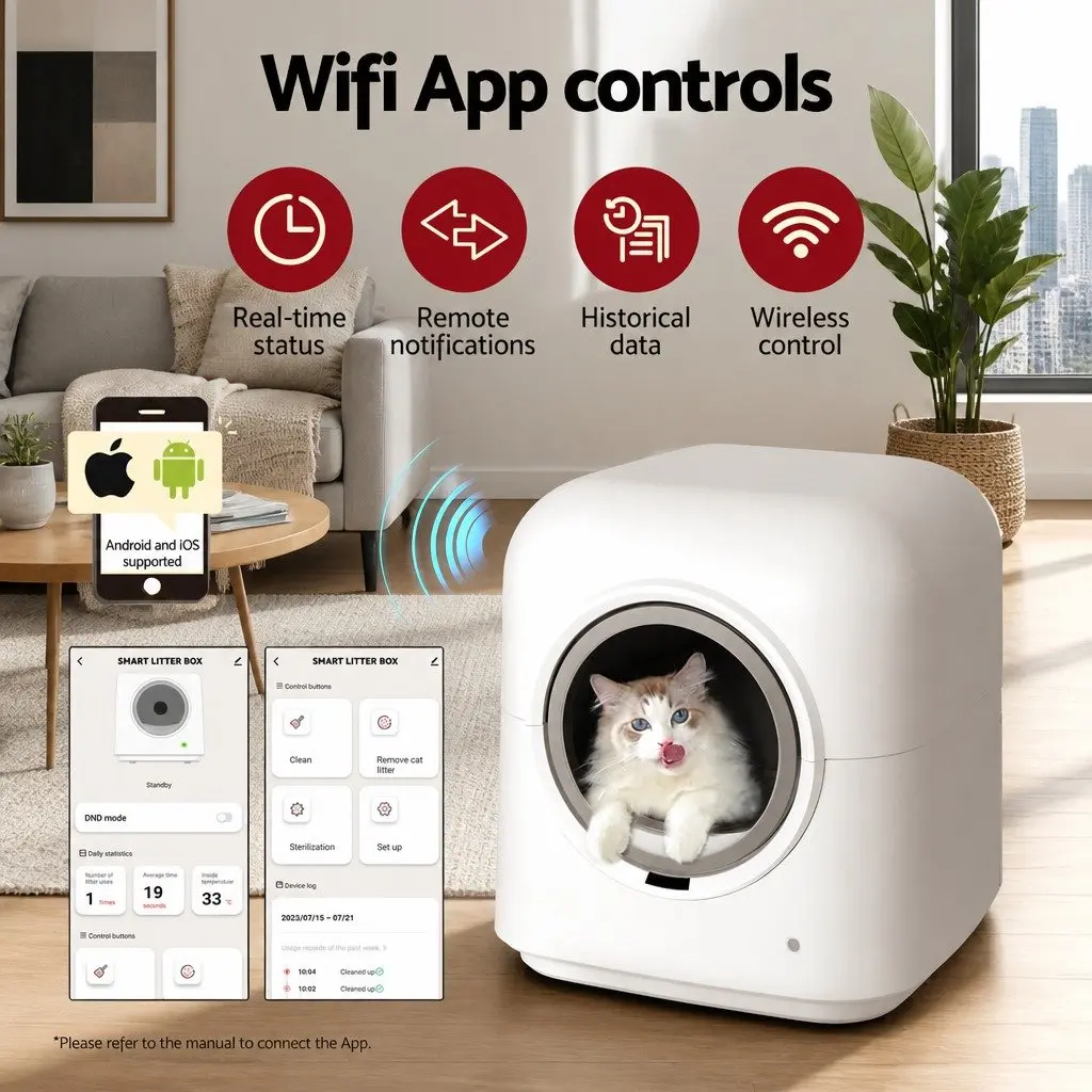 Automatic Cat Litter Box Self-Cleaning Large White Kitty Toilet App Control