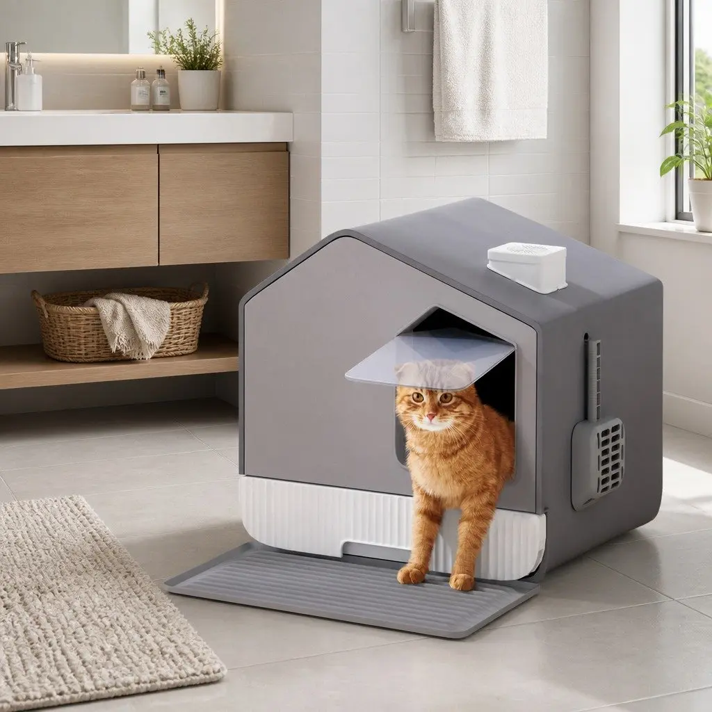 Enclosed Cat Litter Box House-Shaped Kitty Toilet with Flap Door Scoop Mat Grey