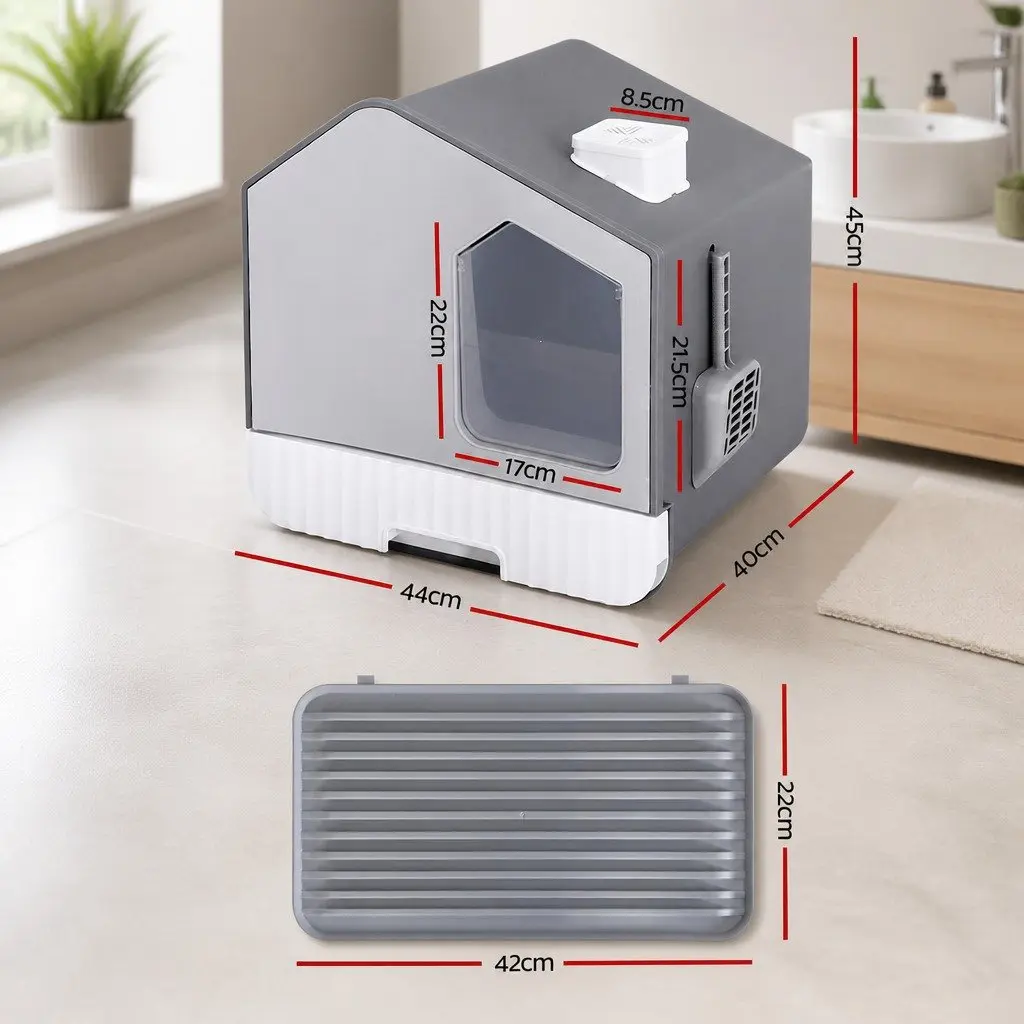 Enclosed Cat Litter Box House-Shaped Kitty Toilet with Flap Door Scoop Mat Grey