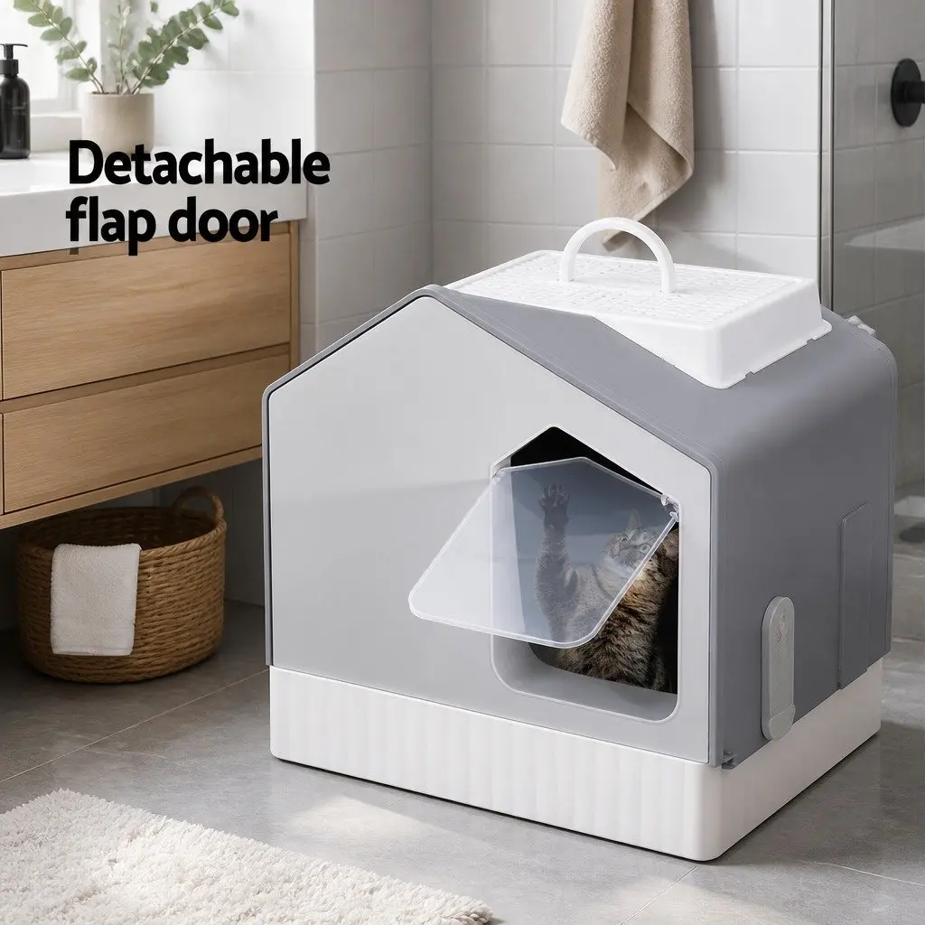 Enclosed Cat Litter Box House-Shaped Kitty Toilet with Flap Door Scoop Mat Grey