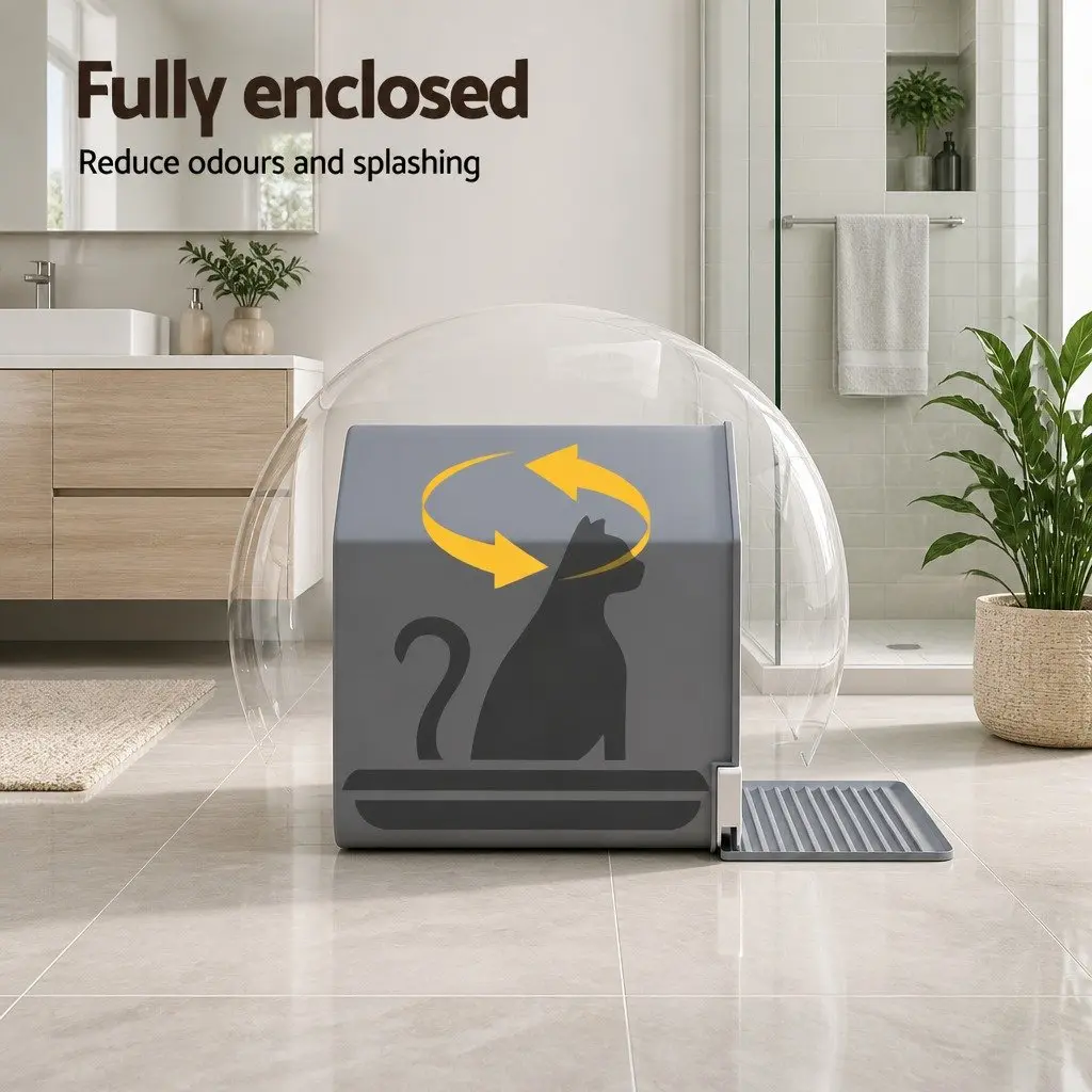Enclosed Cat Litter Box House-Shaped Kitty Toilet with Flap Door Scoop Mat Grey