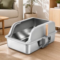 Cat Litter Box Stainless Steel Large Semi-Enclosed High Sided Kitty Toilet with