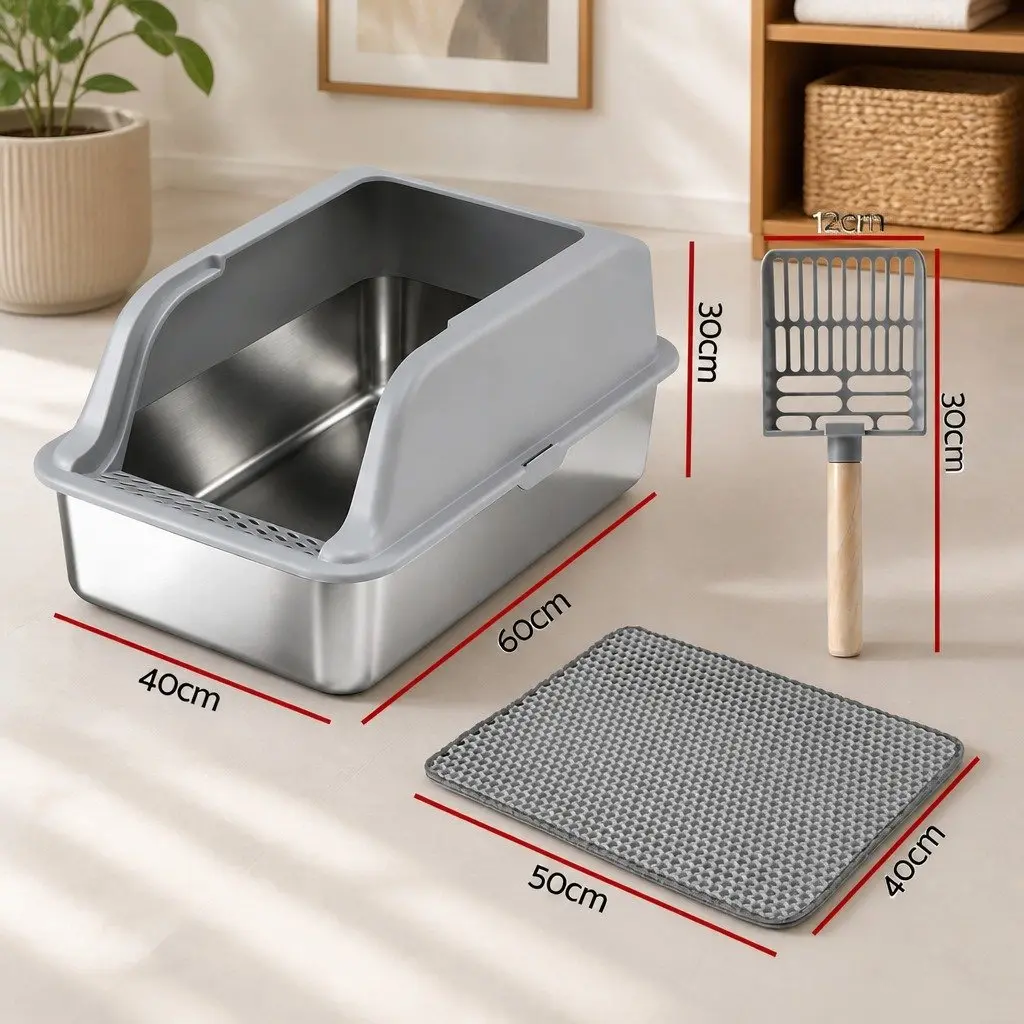 Cat Litter Box Stainless Steel Large Semi-Enclosed High Sided Light Grey
