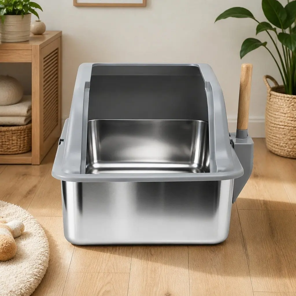 Cat Litter Box Stainless Steel Large Semi-Enclosed High Sided Light Grey