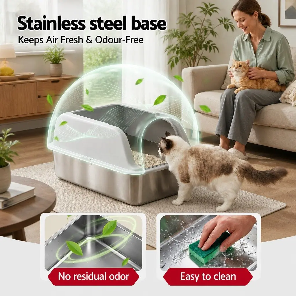 Cat Litter Box Stainless Steel Large Semi-Enclosed High Sided Light Grey