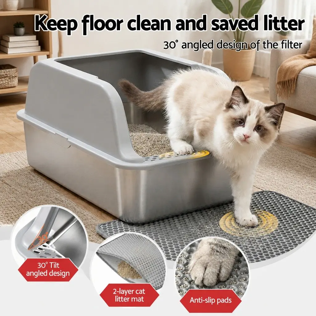 Cat Litter Box Stainless Steel Large Semi-Enclosed High Sided Light Grey
