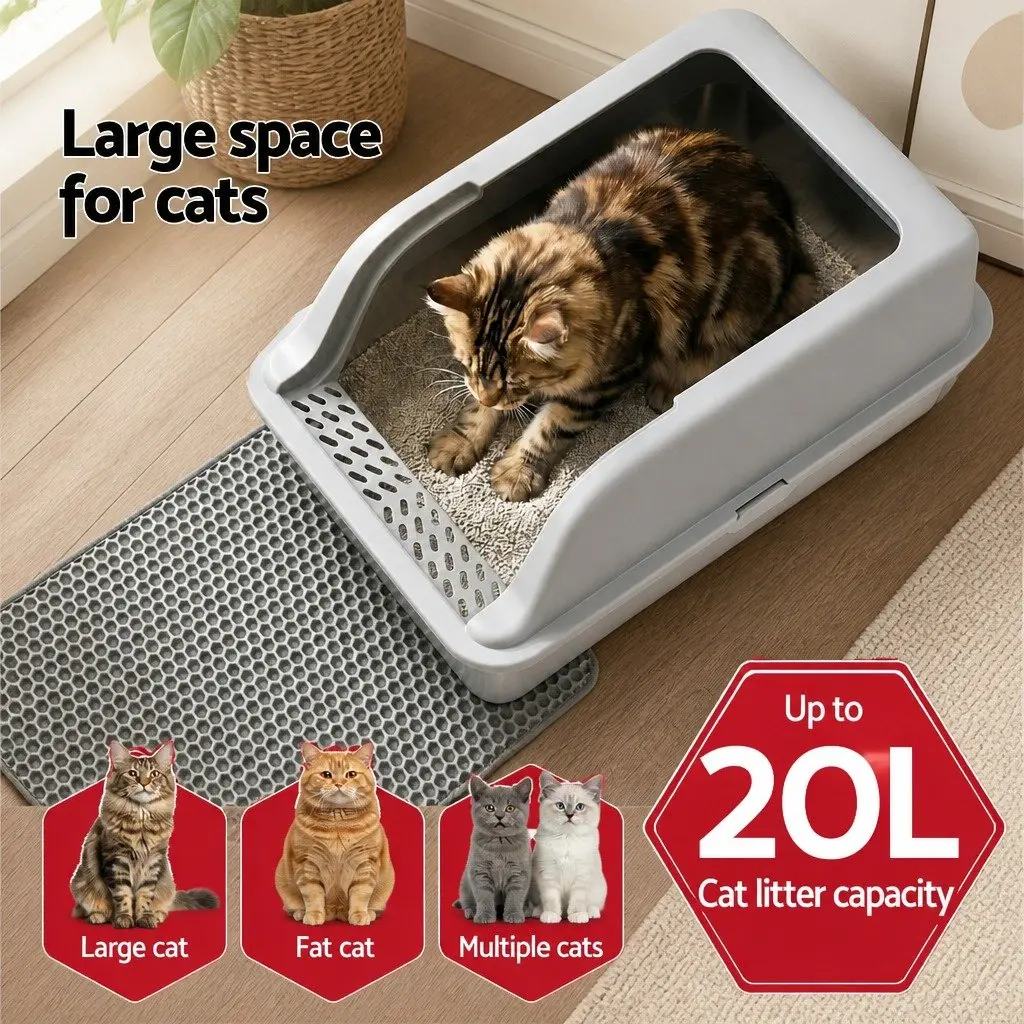 Cat Litter Box Stainless Steel Large Semi-Enclosed High Sided Light Grey