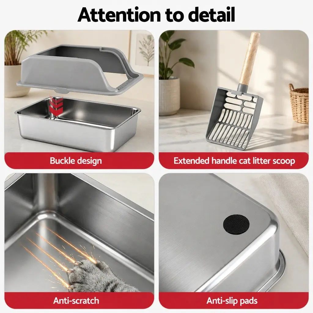 Cat Litter Box Stainless Steel Large Semi-Enclosed High Sided Light Grey