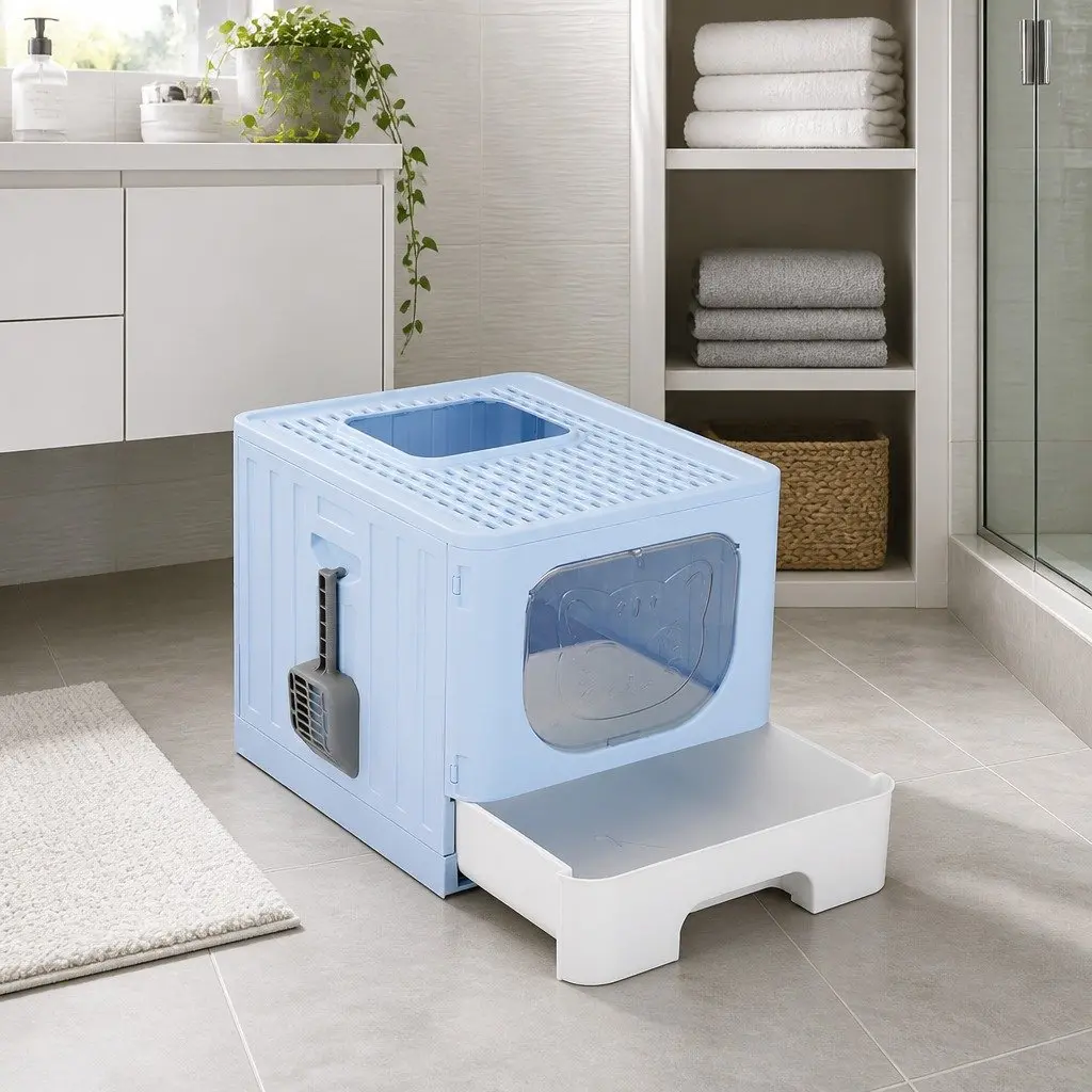 Cat Litter Box Enclosed Hooded Foldable Large Tray Kitty Toilet with Scoop Blue