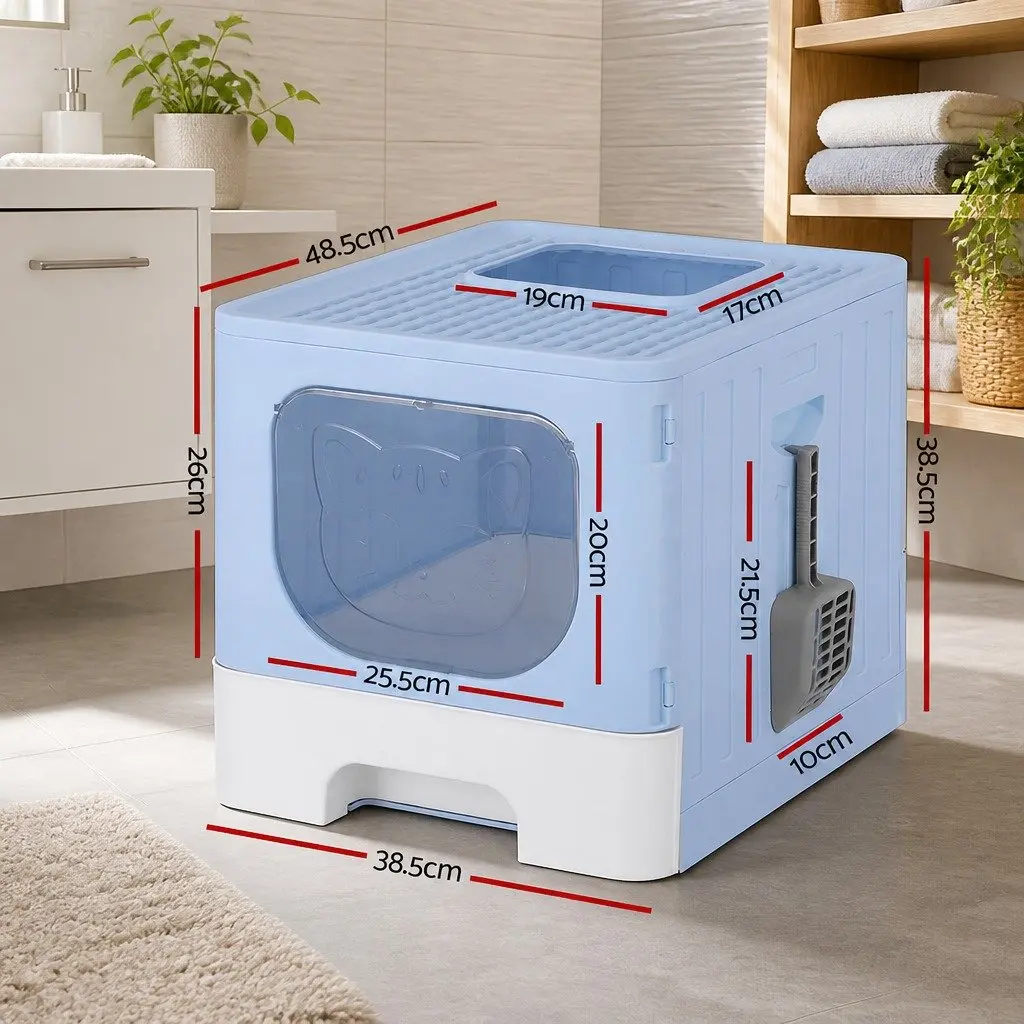 Cat Litter Box Enclosed Hooded Foldable Large Tray Kitty Toilet with Scoop Blue