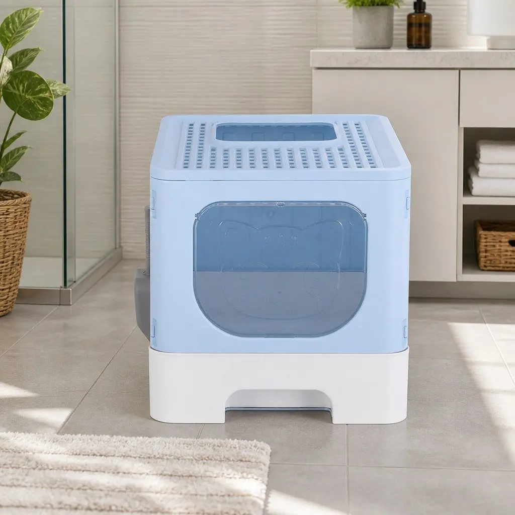 Cat Litter Box Enclosed Hooded Foldable Large Tray Kitty Toilet with Scoop Blue