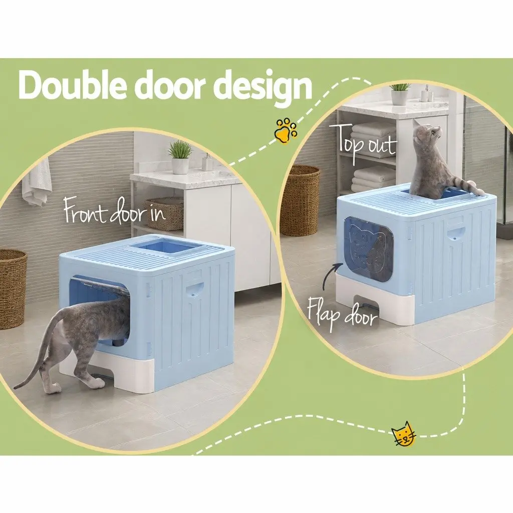 Cat Litter Box Enclosed Hooded Foldable Large Tray Kitty Toilet with Scoop Blue