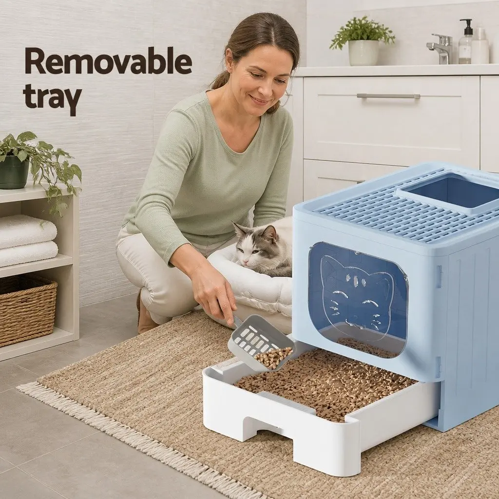 Cat Litter Box Enclosed Hooded Foldable Large Tray Kitty Toilet with Scoop Blue