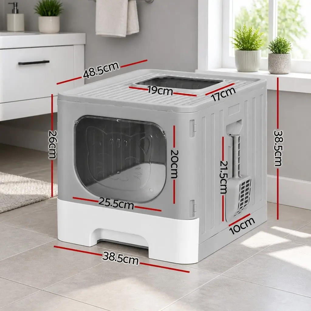 Cat Litter Box Enclosed Hooded Foldable Kitty Toilet Tray Grey White