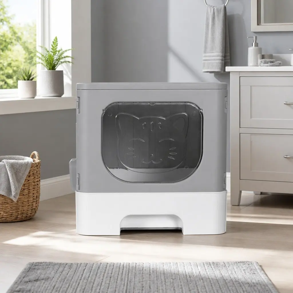 Cat Litter Box Enclosed Hooded Foldable Kitty Toilet Tray Grey White