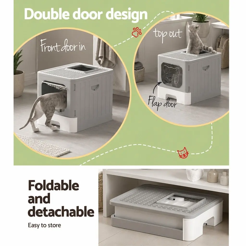 Cat Litter Box Enclosed Hooded Foldable Kitty Toilet Tray Grey White