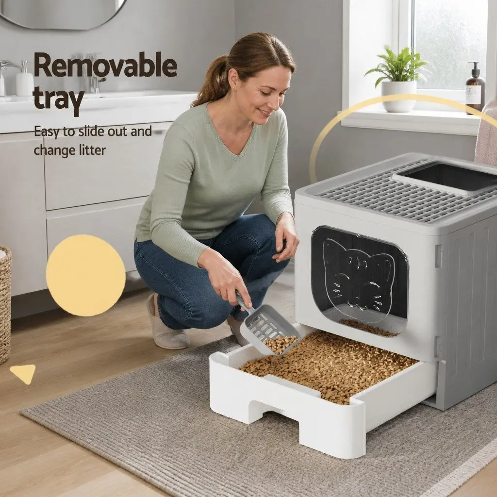 Cat Litter Box Enclosed Hooded Foldable Kitty Toilet Tray Grey White