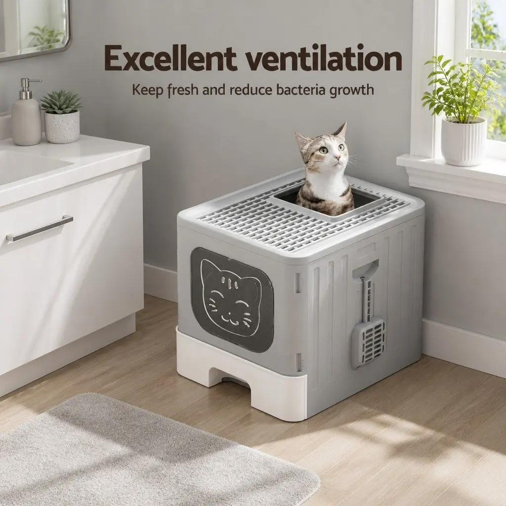Cat Litter Box Enclosed Hooded Foldable Kitty Toilet Tray Grey White