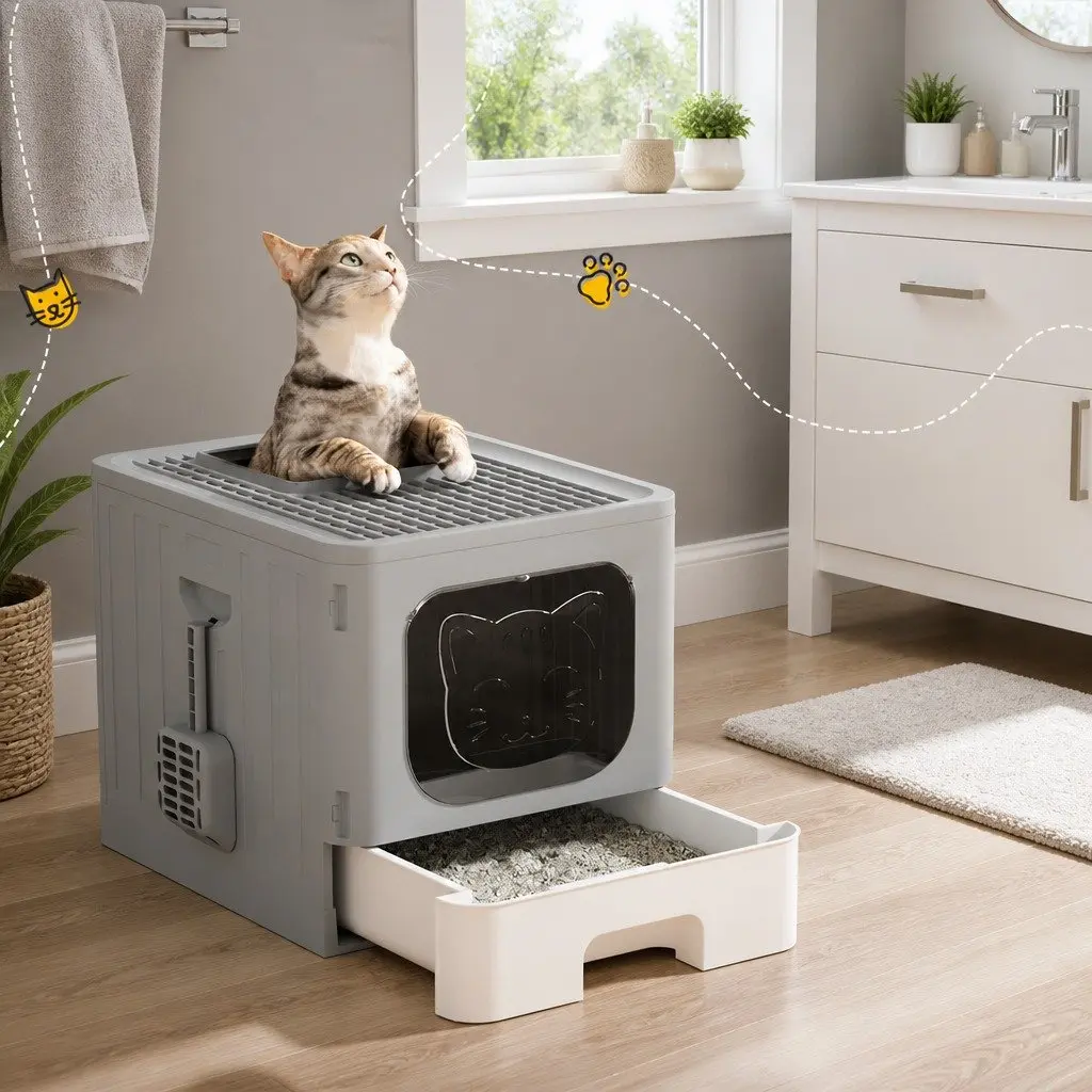 Cat Litter Box Enclosed Hooded Foldable Kitty Toilet Tray Grey White