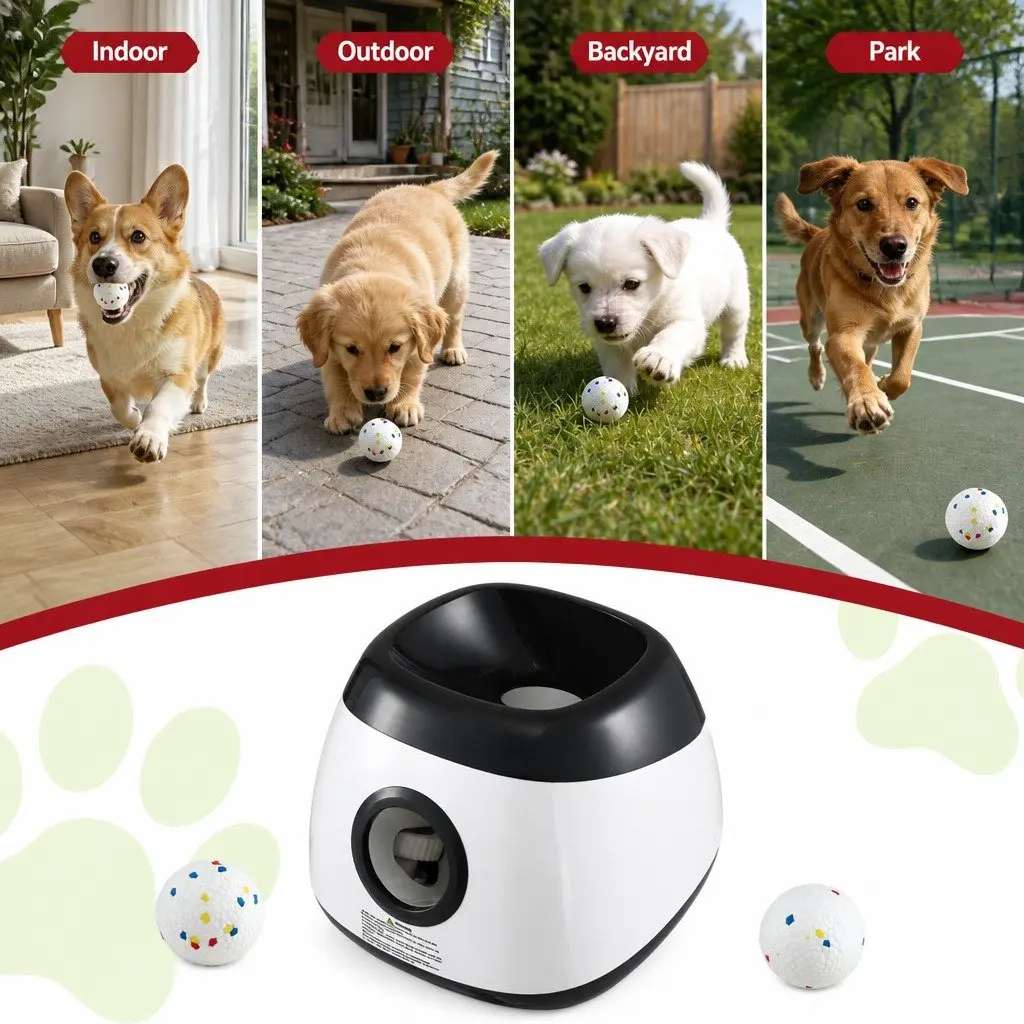 Dog Ball Launcher Thrower Automatic Interactive Toy 6 ETPU Balls 14m 18m 22m
