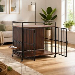Dog Crate Furniture 99cm 2-in-1 Pet Cage End Table with Wheels Wooden Black