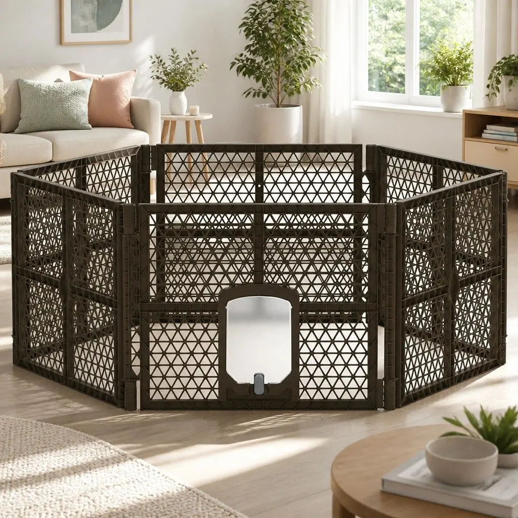 Dog Playpen Enclosure 6 Panel Plastic Play Pen Brown Foldable