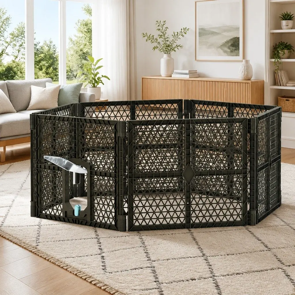 Dog Playpen Enclosure 6 Panel Plastic Play Pen Brown Foldable