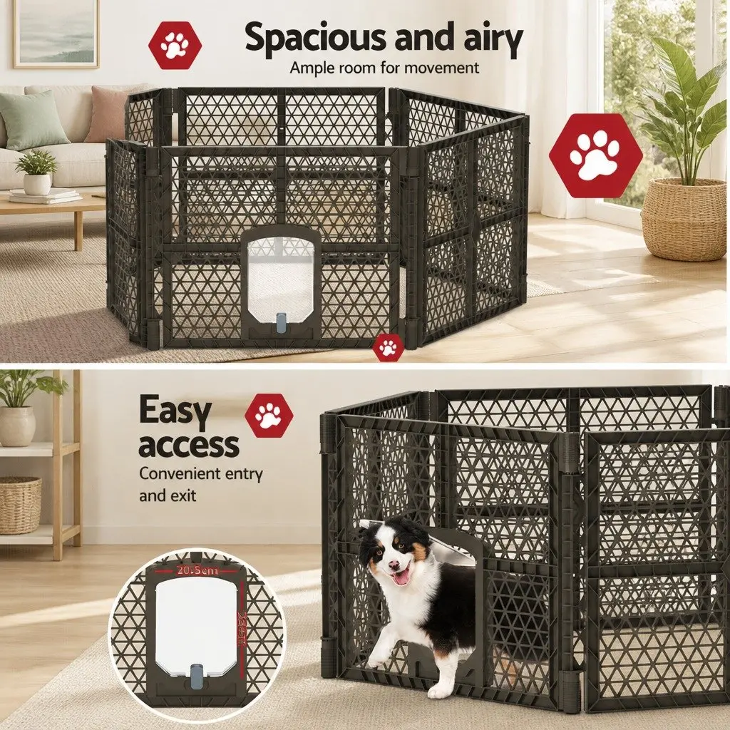 Dog Playpen Enclosure 6 Panel Plastic Play Pen Brown Foldable