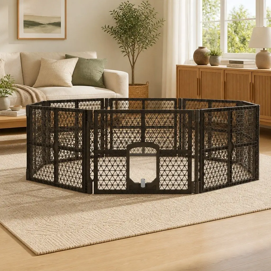 Dog Playpen Enclosure 8 Panel Pet Fence Plastic Play Pen Brown Foldable