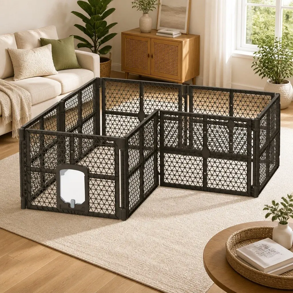 Dog Playpen Enclosure 8 Panel Pet Fence Plastic Play Pen Brown Foldable