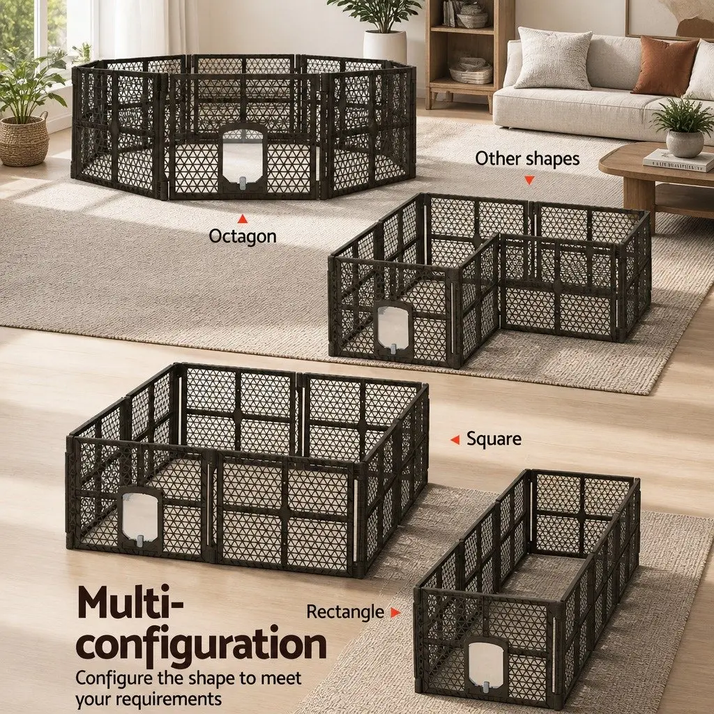 Dog Playpen Enclosure 8 Panel Pet Fence Plastic Play Pen Brown Foldable