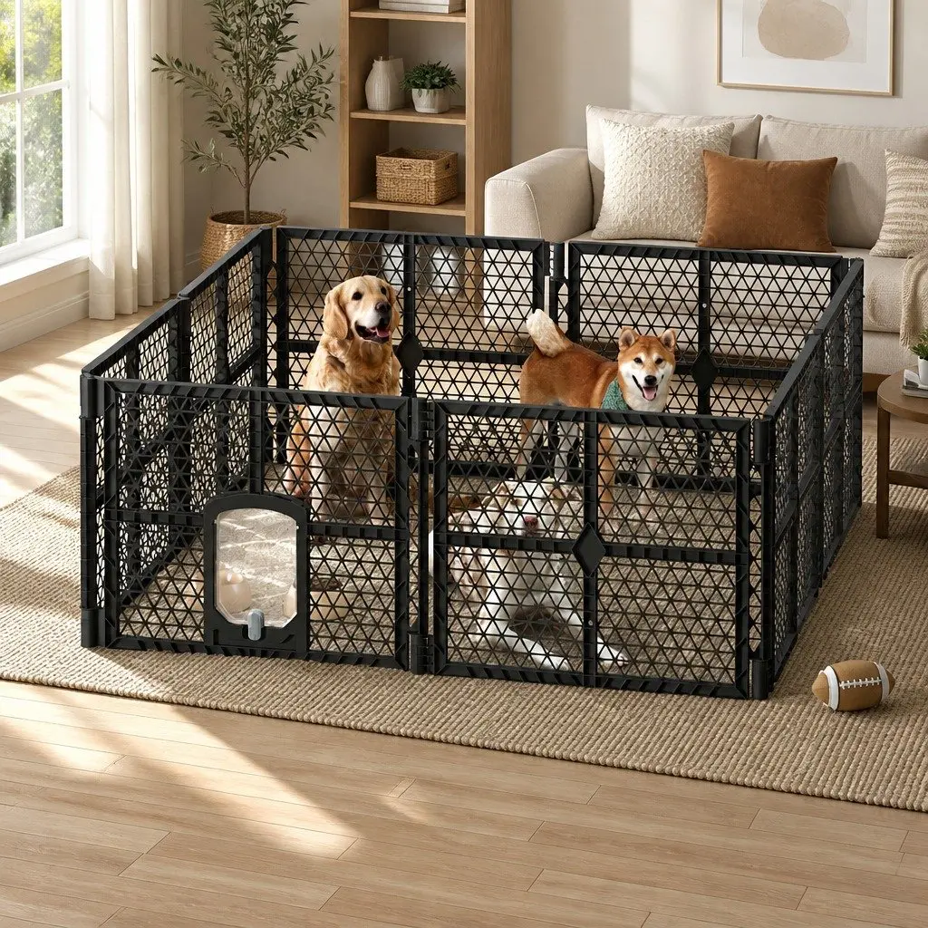 Dog Playpen Enclosure 8 Panel Pet Fence Plastic Play Pen Brown Foldable