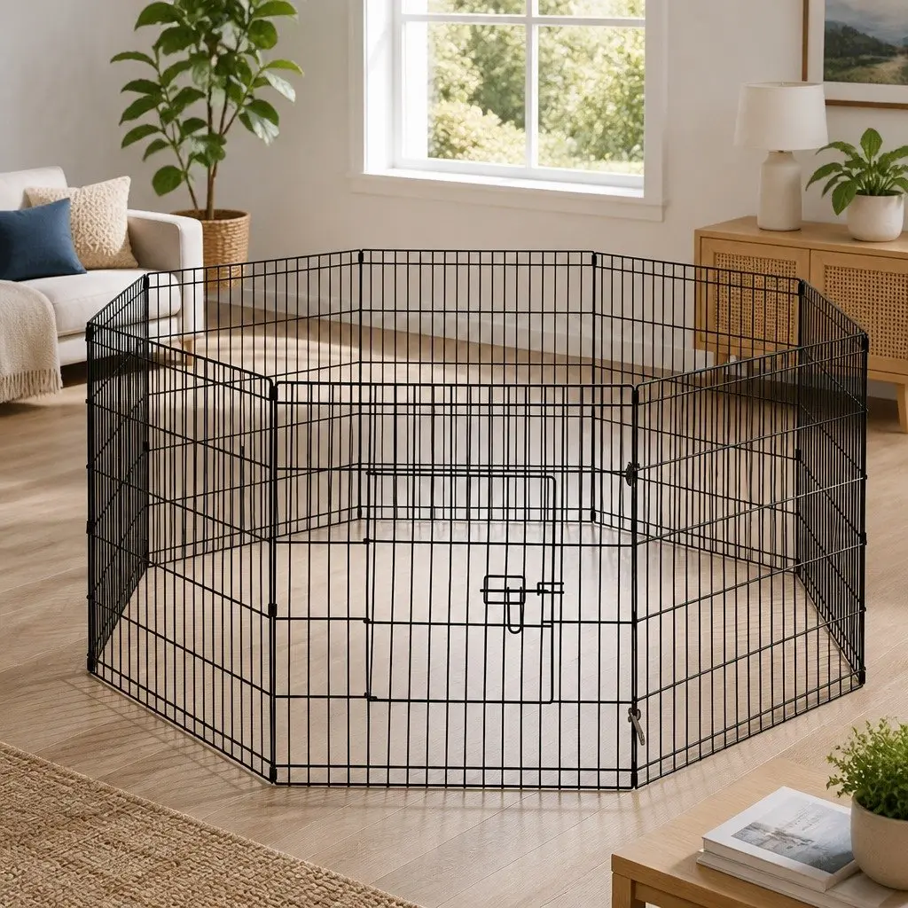 8 Panel Pet Playpen Dog Exercise Fence 30" Black Foldable Indoor Outdoor Pen