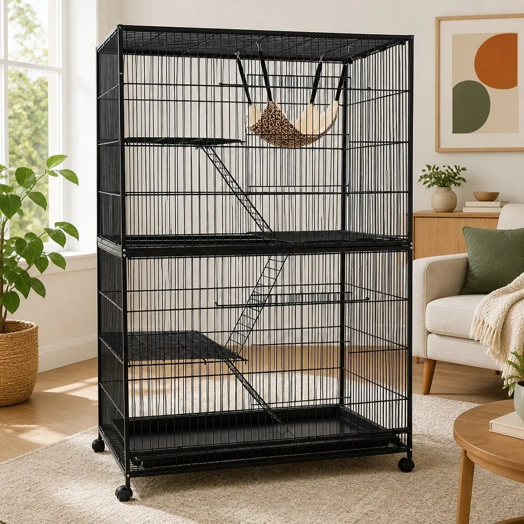 Rabbit Cage Hutch Multi-Level Small Animal Habitat 142cm Height Black
