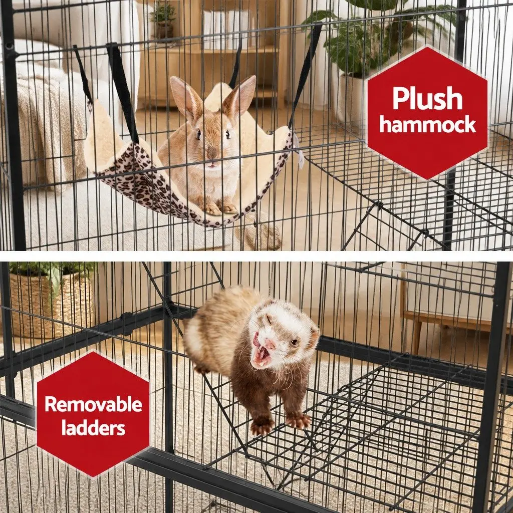 Rabbit Cage Hutch Multi-Level Small Animal Habitat 142cm Height Black
