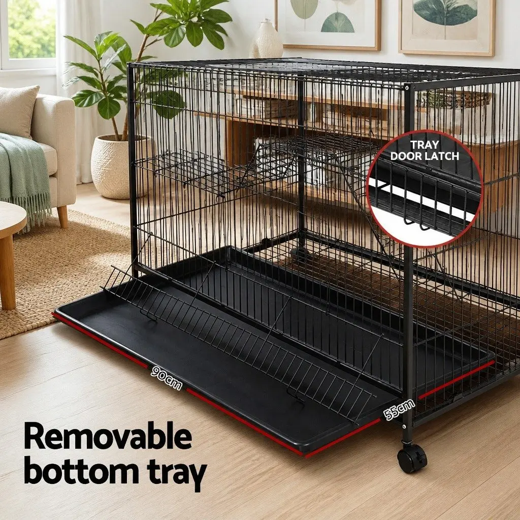 Rabbit Cage Hutch Multi-Level Small Animal Habitat 142cm Height Black