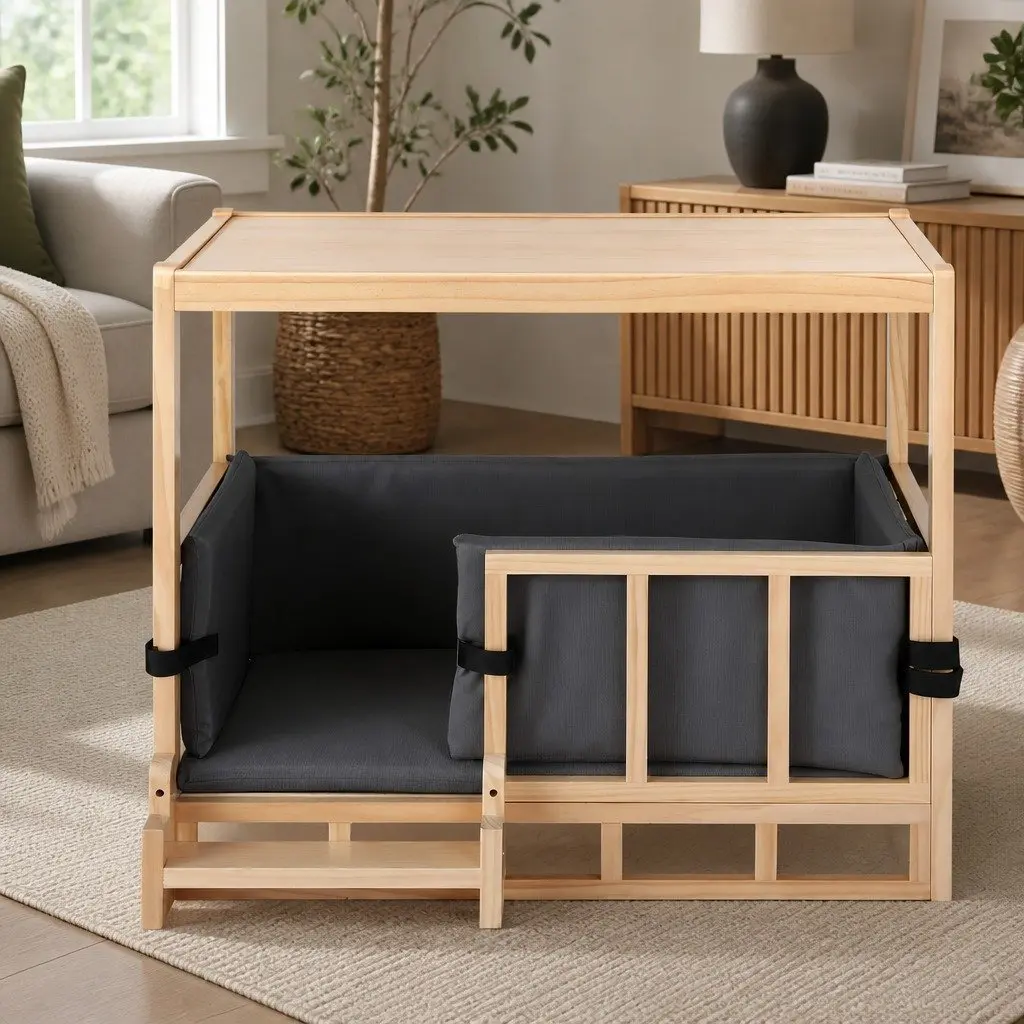 Dog Kennel Furniture Indoor Pet Bed Spacious Natural Wood Tabletop
