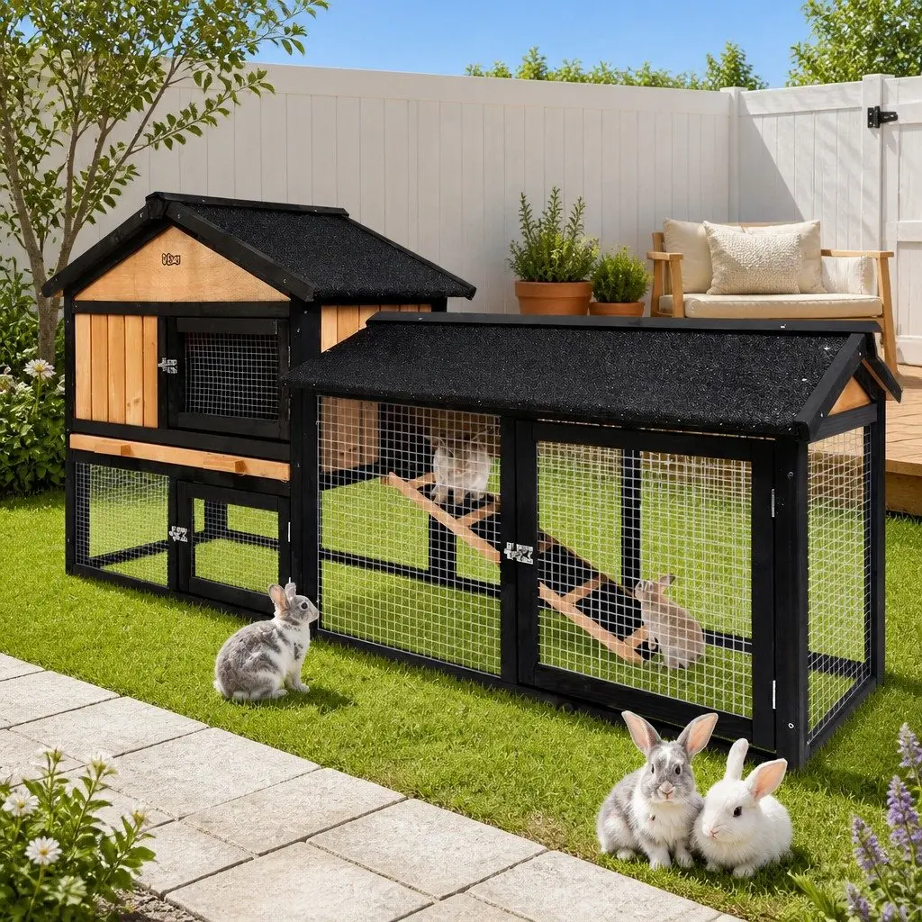 Chicken Coop Rabbit Hutch Wooden Outdoor Pet House Large Run Cage 165cm Brown