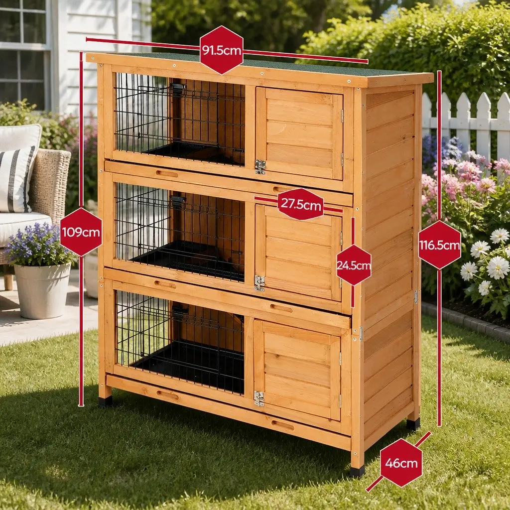 Rabbit Hutch Small Animal House 91.5cm Wooden Outdoor Cage 3-Tier Brown