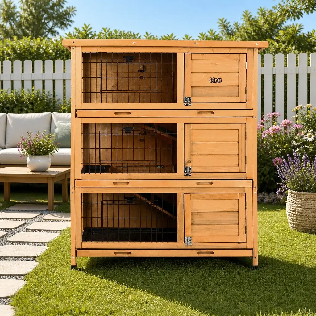 Rabbit Hutch Small Animal House 91.5cm Wooden Outdoor Cage 3-Tier Brown