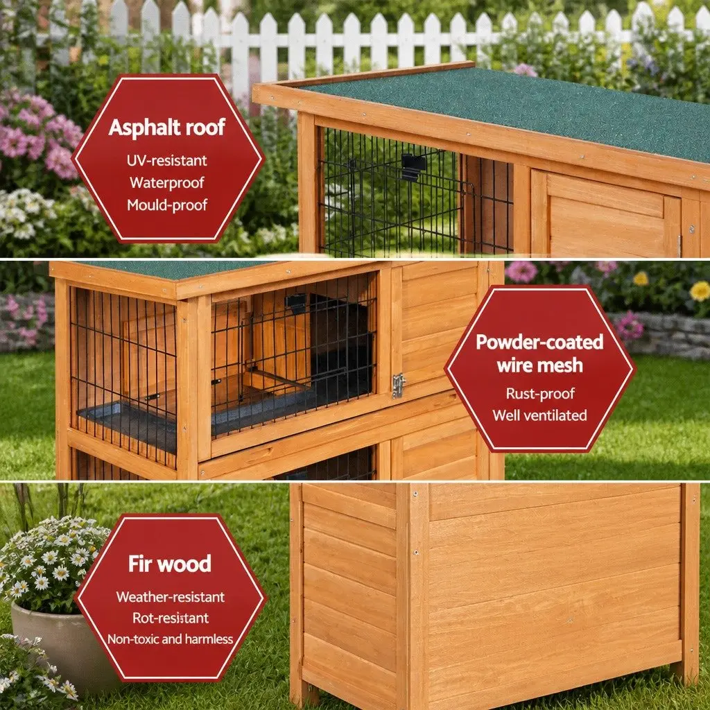 Rabbit Hutch Small Animal House 91.5cm Wooden Outdoor Cage 3-Tier Brown
