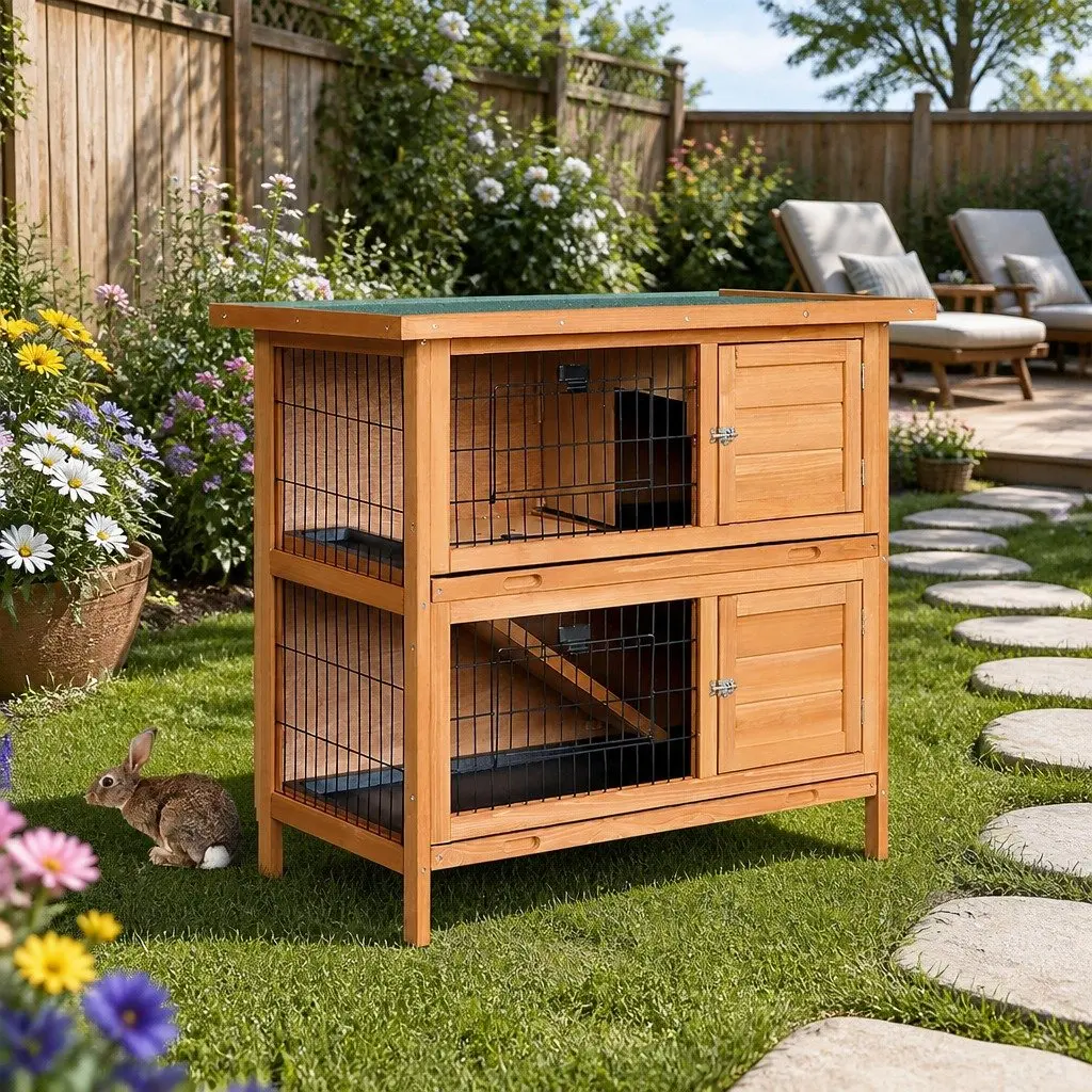 Rabbit Hutch Chicken Coop 91.5cm Large Wooden House Double Tier Cage Run Small