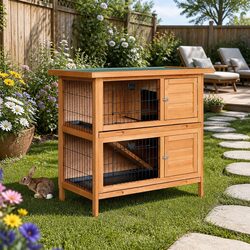 Warm and Safe Wooden Rabbit Hutch with Double Levels