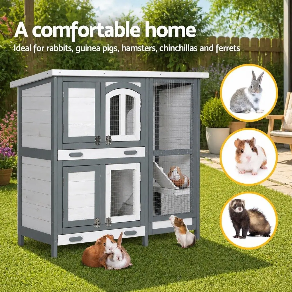 Rabbit Hutch Outdoor Small Animal Habitat 98cm Grey and White Wooden House Run Cage