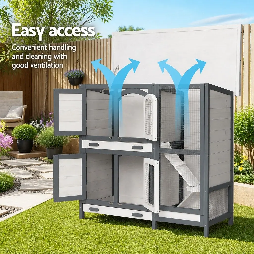 Rabbit Hutch Outdoor Small Animal Habitat 98cm Grey and White Wooden House Run Cage