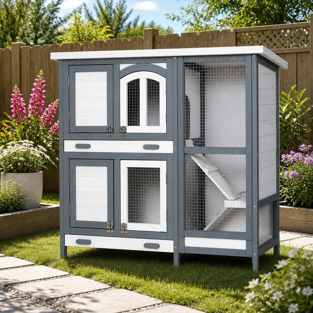Rabbit Hutch Outdoor Small Animal Habitat 98cm Grey and White Wooden House Run Cage