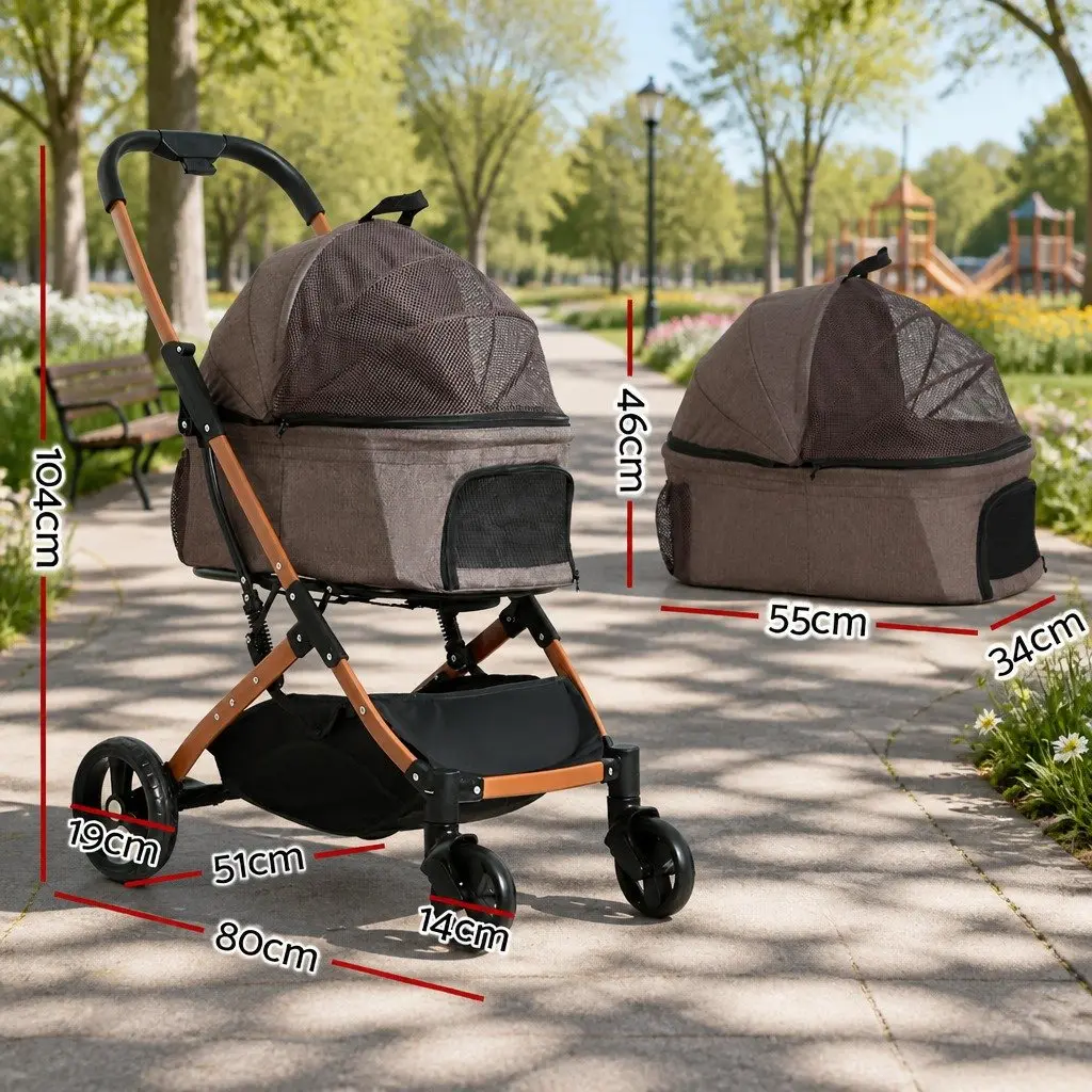 Pet Stroller Dog Pram Cat Carrier Travel Foldable 4 Wheels Pushchair Brown