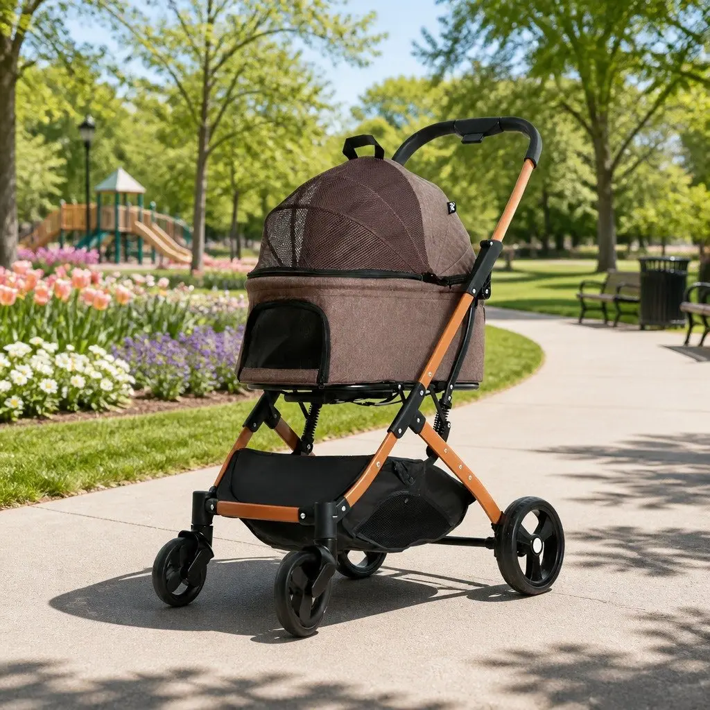Pet Stroller Dog Pram Cat Carrier Travel Foldable 4 Wheels Pushchair Brown