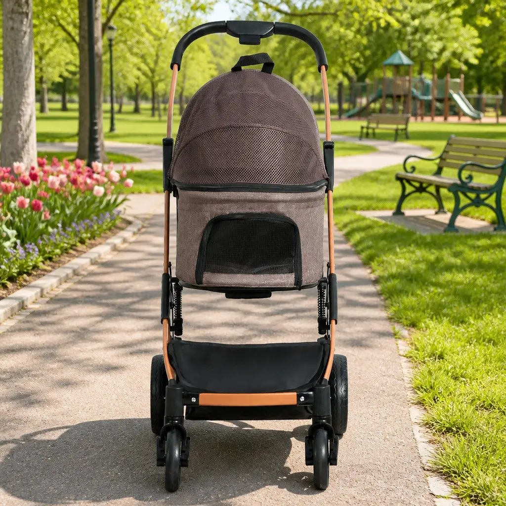 Pet Stroller Dog Pram Cat Carrier Travel Foldable 4 Wheels Pushchair Brown