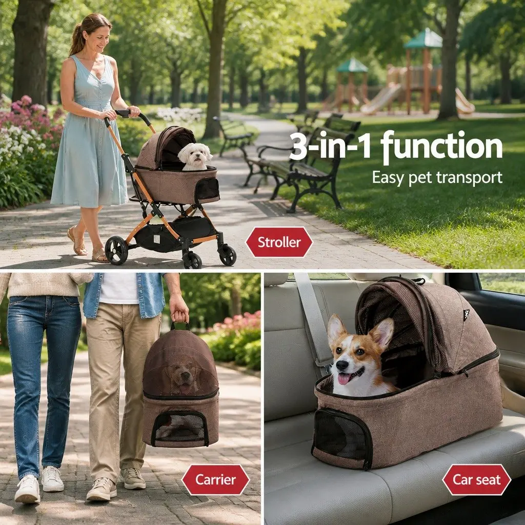 Pet Stroller Dog Pram Cat Carrier Travel Foldable 4 Wheels Pushchair Brown
